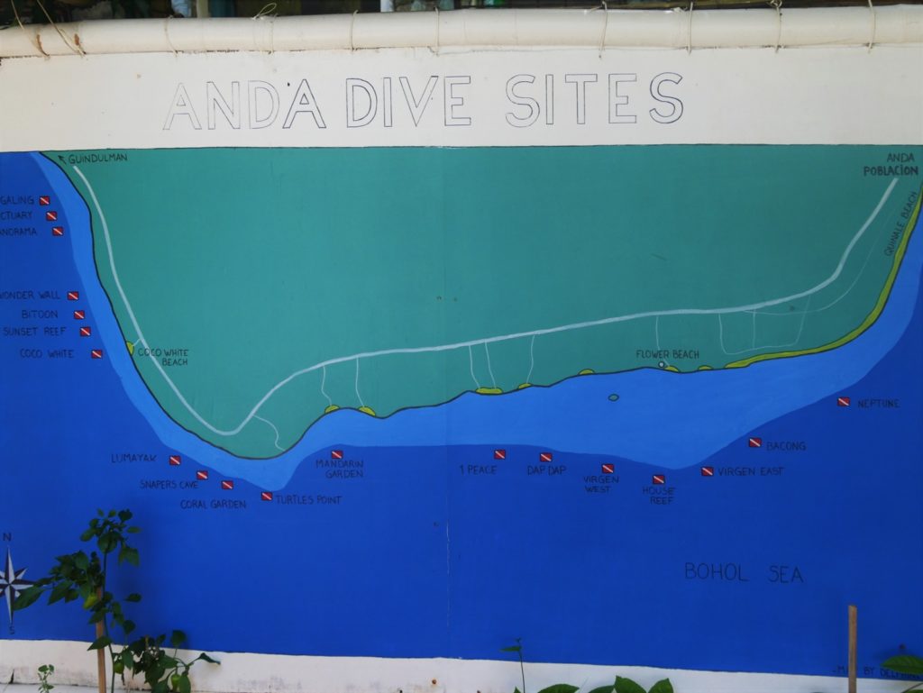 Kaart met plekken om te duiken in Anda in Bohol in de Filipijnen